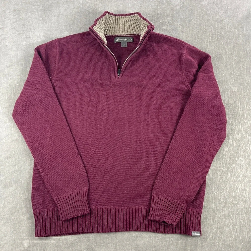 Eddie Bauer Men L Burgundy 1/4 Zip Cotton Sweater Mock Neck Pullover